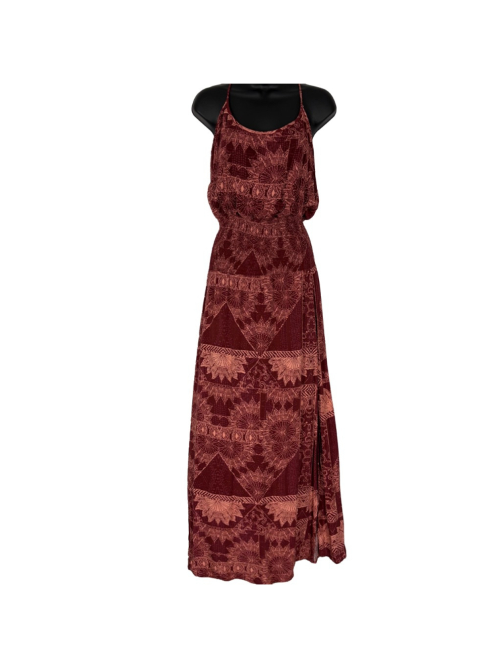 O’Neill M Boho Maxi Dress Red Floral Halter Smocked Slit Beach